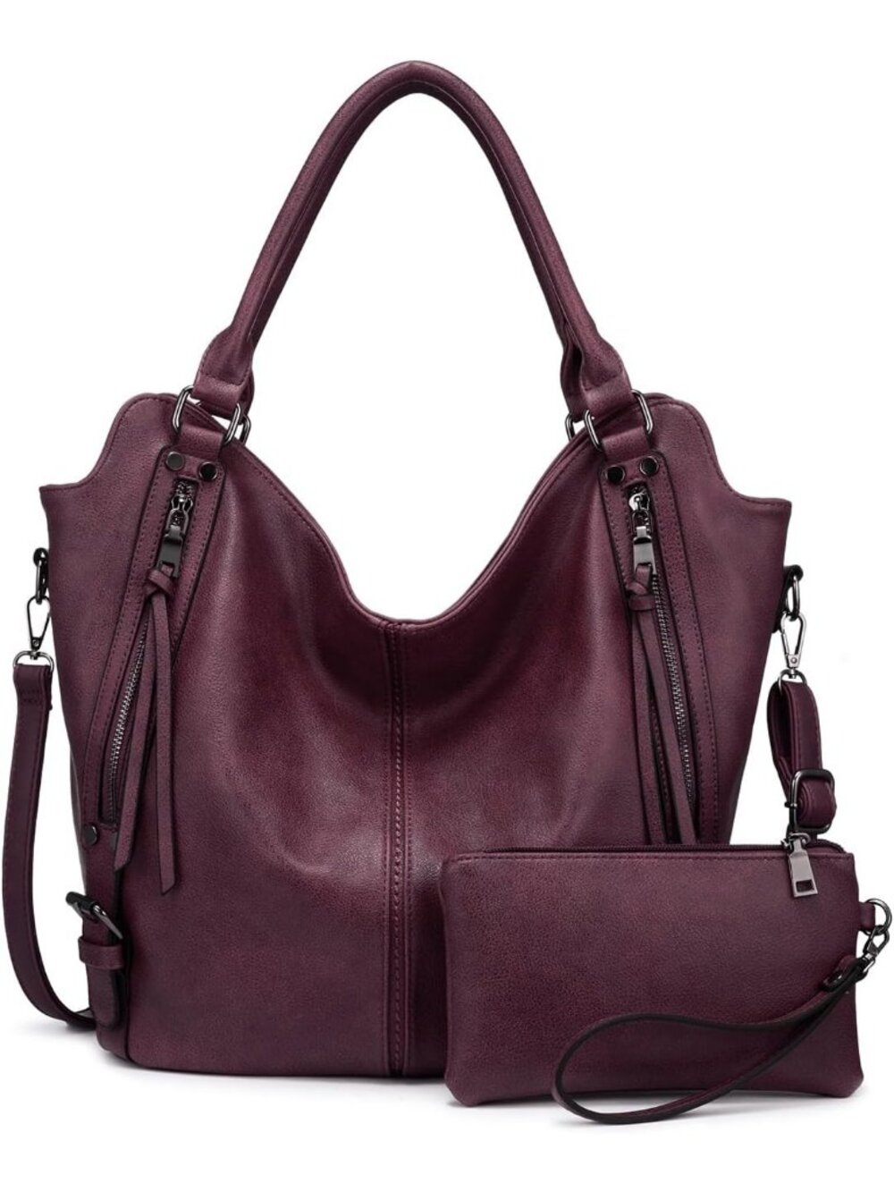 Women's Burgundy PU Leather Tote Large Hobo Shoulder Purse Adjustable Handbag
